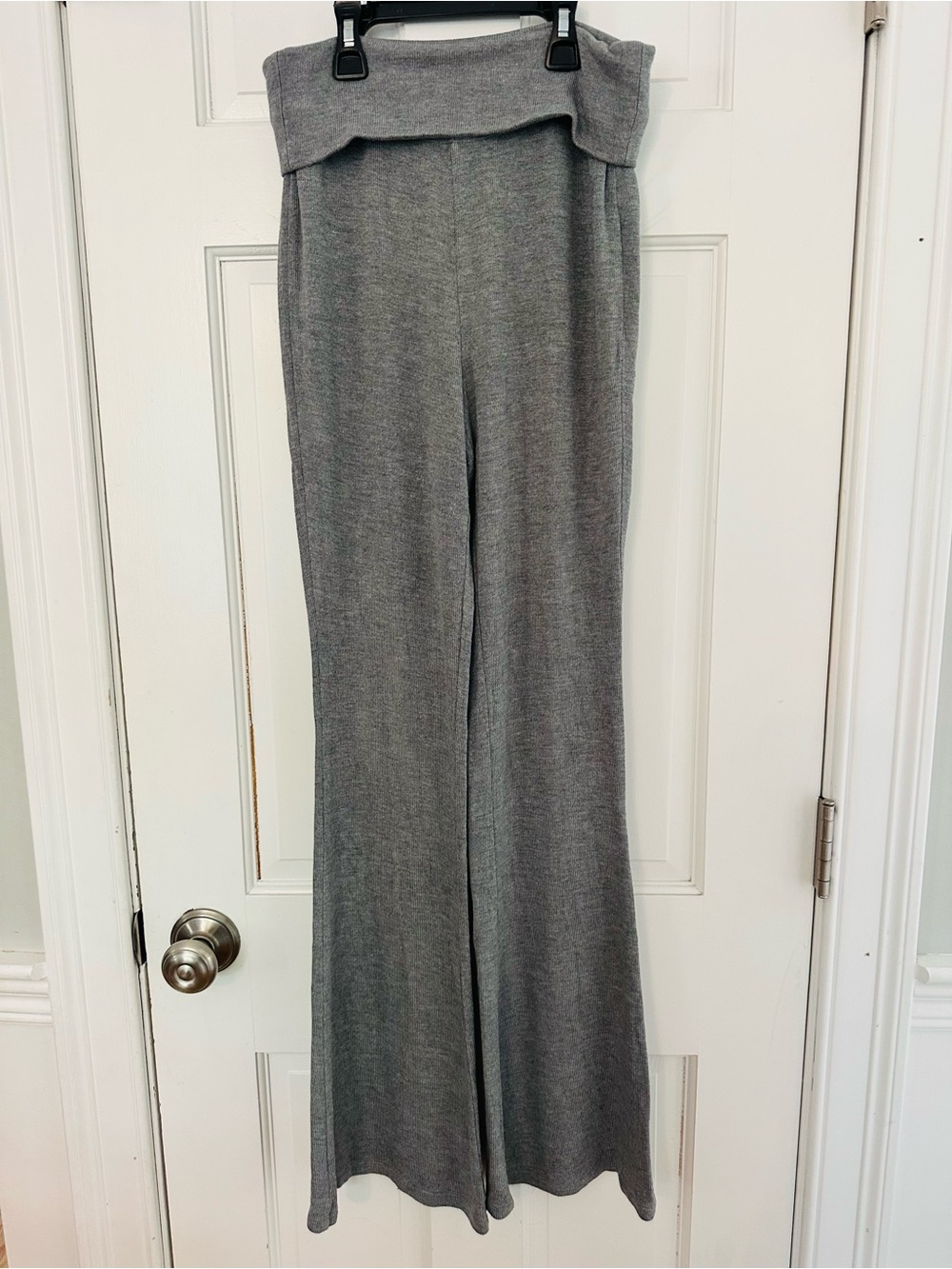 aerie Gray Fold-Over Waist Bootcut Ribbed Knit Pants